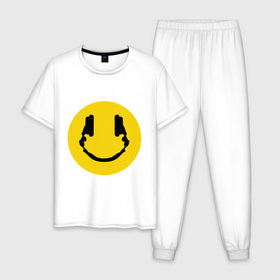 Мужская пижама хлопок с принтом Smile Music в городе Новоалтайск, 100% хлопок | брюки и футболка прямого кроя, без карманов, на брюках мягкая резинка на поясе и по низу штанин
 | music | smile | смайл наушники