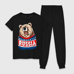 Женская пижама хлопок с принтом Медведь made in Russia в городе Новоалтайск, 100% хлопок | брюки и футболка прямого кроя, без карманов, на брюках мягкая резинка на поясе и по низу штанин | made in russia | mountain | russia | кофта | медведь | мишка | патриот | россия | свитер