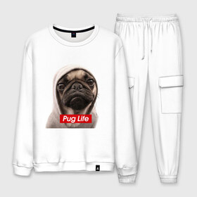 Мужской костюм хлопок с принтом Pug life в городе Новоалтайск, 100% хлопок | на свитшоте круглая горловина, мягкая резинка по низу. Брюки заужены к низу, на них два вида карманов: два “обычных” по бокам и два объемных, с клапанами, расположенные ниже линии бедра. Брюки с мягкой трикотажной резинкой на поясе и по низу штанин. В поясе для дополнительного комфорта — широкие завязки | pug life | жизнь | капюшон | мопс | собака