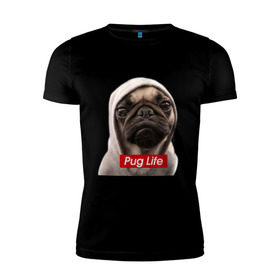 Мужская футболка премиум с принтом Pug life в городе Новоалтайск, 92% хлопок, 8% лайкра | приталенный силуэт, круглый вырез ворота, длина до линии бедра, короткий рукав | Тематика изображения на принте: pug life | жизнь | капюшон | мопс | собака