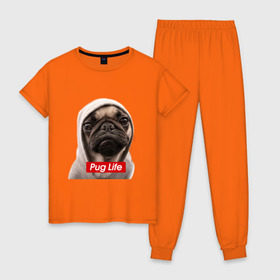 Женская пижама хлопок с принтом Pug life в городе Новоалтайск, 100% хлопок | брюки и футболка прямого кроя, без карманов, на брюках мягкая резинка на поясе и по низу штанин | pug life | жизнь | капюшон | мопс | собака