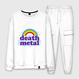 Мужской костюм хлопок с принтом Rainbow death metal в городе Новоалтайск, 100% хлопок | на свитшоте круглая горловина, мягкая резинка по низу. Брюки заужены к низу, на них два вида карманов: два “обычных” по бокам и два объемных, с клапанами, расположенные ниже линии бедра. Брюки с мягкой трикотажной резинкой на поясе и по низу штанин. В поясе для дополнительного комфорта — широкие завязки | будь металистом | волшебство | метал | музыка | оставайся рокером | прикол | радуга | рок | рокерам