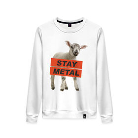 Женский свитшот хлопок с принтом Stay metal lamb в городе Новоалтайск, 100% хлопок | прямой крой, круглый вырез, на манжетах и по низу широкая трикотажная резинка  | будь металистом | метал | музыка | оставайся рокером | прикол | рок | рокерам | ягненок