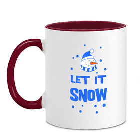 Кружка двухцветная с принтом Снеговик Let it snow в городе Новоалтайск, керамика | объем — 330 мл, диаметр — 80 мм. Цветная ручка и кайма сверху, в некоторых цветах — вся внутренняя часть | cнеговик | let it snow | зима | новый год | снег