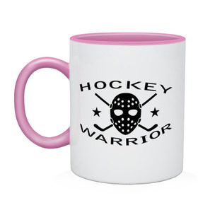 Кружка двухцветная с принтом Hockey warrior в городе Новоалтайск, керамика | объем — 330 мл, диаметр — 80 мм. Цветная ручка и кайма сверху, в некоторых цветах — вся внутренняя часть | Тематика изображения на принте: hockey | warrior | воин | хоккей