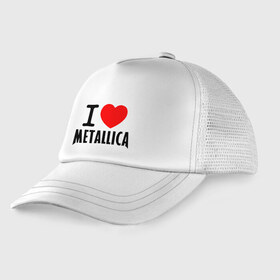 Детская кепка тракер с принтом I love Metallica в городе Новоалтайск, Козырек - 100% хлопок. Кепка - 100% полиэстер, Задняя часть - сетка | универсальный размер, пластиковая застёжка | Тематика изображения на принте: металлика