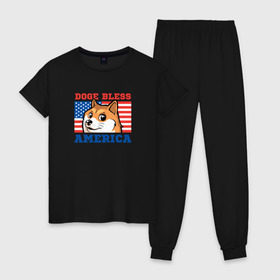 Женская пижама хлопок с принтом Doge bless America в городе Новоалтайск, 100% хлопок | брюки и футболка прямого кроя, без карманов, на брюках мягкая резинка на поясе и по низу штанин | dog | mem | америка | лайка | собака | сша