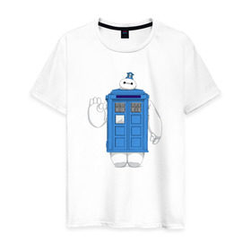 Мужская футболка хлопок с принтом Baymax Tardis в городе Новоалтайск, 100% хлопок | прямой крой, круглый вырез горловины, длина до линии бедер, слегка спущенное плечо. | Тематика изображения на принте: doctor who | tardis | город героев | доктор кто