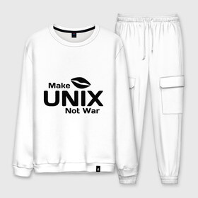 Мужской костюм хлопок с принтом Make unix not war в городе Новоалтайск, 100% хлопок | на свитшоте круглая горловина, мягкая резинка по низу. Брюки заужены к низу, на них два вида карманов: два “обычных” по бокам и два объемных, с клапанами, расположенные ниже линии бедра. Брюки с мягкой трикотажной резинкой на поясе и по низу штанин. В поясе для дополнительного комфорта — широкие завязки | make | unix | юникс