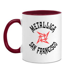Кружка двухцветная с принтом Metallica (San Francisco) в городе Новоалтайск, керамика | объем — 330 мл, диаметр — 80 мм. Цветная ручка и кайма сверху, в некоторых цветах — вся внутренняя часть | Тематика изображения на принте: metallica | san francisco