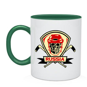 Кружка двухцветная с принтом Hockey Russia в городе Новоалтайск, керамика | объем — 330 мл, диаметр — 80 мм. Цветная ручка и кайма сверху, в некоторых цветах — вся внутренняя часть | Тематика изображения на принте: hockey | russia | россия | хоккей
