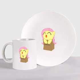 Набор: тарелка + кружка с принтом Cute Fluttershy в городе Новоалтайск, керамика | Кружка: объем — 330 мл, диаметр — 80 мм. Принт наносится на бока кружки, можно сделать два разных изображения. 
Тарелка: диаметр - 210 мм, диаметр для нанесения принта - 120 мм. | fluttershy | пони | сваг | флаттершай в пакетике.поняш