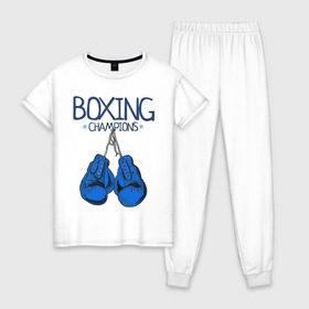 Женская пижама хлопок с принтом Boxing champions в городе Новоалтайск, 100% хлопок | брюки и футболка прямого кроя, без карманов, на брюках мягкая резинка на поясе и по низу штанин | boxing | champions | бокс | перчатки | спорт