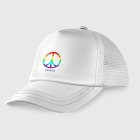 Детская кепка тракер с принтом Мир (Peace) Пацифик в городе Новоалтайск, Козырек - 100% хлопок. Кепка - 100% полиэстер, Задняя часть - сетка | универсальный размер, пластиковая застёжка | Тематика изображения на принте: (peace) | венок | знак | на картинке изображен знак пацифик и надпись peace   мирмир | пацифик | пис