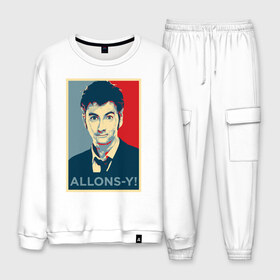 Мужской костюм хлопок с принтом Десятый доктор Allons-y! в городе Новоалтайск, 100% хлопок | на свитшоте круглая горловина, мягкая резинка по низу. Брюки заужены к низу, на них два вида карманов: два “обычных” по бокам и два объемных, с клапанами, расположенные ниже линии бедра. Брюки с мягкой трикотажной резинкой на поясе и по низу штанин. В поясе для дополнительного комфорта — широкие завязки | allons y | doctor who | десятый доктор | доктор кто