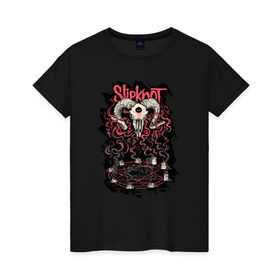 Женская футболка хлопок с принтом Slipknot в городе Новоалтайск, 100% хлопок | прямой крой, круглый вырез горловины, длина до линии бедер, слегка спущенное плечо | slipknot | демон | кори | металл | музыка | рок | череп