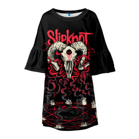Детское платье 3D с принтом Slipknot в городе Новоалтайск, 100% полиэстер | прямой силуэт, чуть расширенный к низу. Круглая горловина, на рукавах — воланы | deth | rock | slipknot | баран | маска | мрак | рок | слипнот | череп