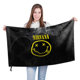 Флаг 3D с принтом Nirvana в городе Новоалтайск, 100% полиэстер | плотность ткани — 95 г/м2, размер — 67 х 109 см. Принт наносится с одной стороны | cobain | curt | nirvana | rock | smile | кобейн | курт | рок | смайл