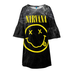 Детское платье 3D с принтом Nirvana в городе Новоалтайск, 100% полиэстер | прямой силуэт, чуть расширенный к низу. Круглая горловина, на рукавах — воланы | Тематика изображения на принте: cobain | curt | nirvana | rock | smile | кобейн | курт | рок | смайл