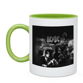 Кружка двухцветная с принтом AC/DC в городе Новоалтайск, керамика | объем — 330 мл, диаметр — 80 мм. Цветная ручка и кайма сверху, в некоторых цветах — вся внутренняя часть | ac dc | acdc | rock | рок | эйсидиси