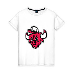Женская футболка хлопок с принтом Chicago Bulls (в кепке) в городе Новоалтайск, 100% хлопок | прямой крой, круглый вырез горловины, длина до линии бедер, слегка спущенное плечо | chicago bulls | буллз | кепка | чикаго | чикаго буллз