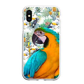 Чехол для iPhone XS Max матовый с принтом Попугаи в городе Новоалтайск, Силикон | Область печати: задняя сторона чехла, без боковых панелей | myparrots | parrot | ара | листья | орнамент | попугаи | птицы | рай | синежелтый | тукан | узор | цветы