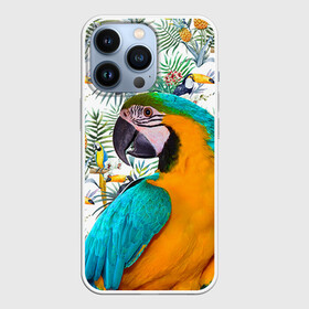 Чехол для iPhone 13 Pro с принтом Попугаи в городе Новоалтайск,  |  | myparrots | parrot | ара | листья | орнамент | попугаи | птицы | рай | синежелтый | тукан | узор | цветы