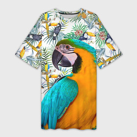 Платье-футболка 3D с принтом Попугаи в городе Новоалтайск,  |  | myparrots | parrot | ара | листья | орнамент | попугаи | птицы | рай | синежелтый | тукан | узор | цветы