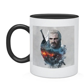 Кружка двухцветная с принтом Witcher в городе Новоалтайск, керамика | объем — 330 мл, диаметр — 80 мм. Цветная ручка и кайма сверху, в некоторых цветах — вся внутренняя часть | Тематика изображения на принте: ведьмак