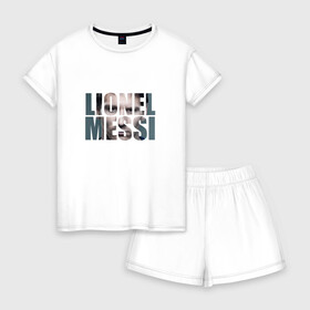 Женская пижама с шортиками хлопок с принтом Lionel Messi face в городе Новоалтайск, 100% хлопок | футболка прямого кроя, шорты свободные с широкой мягкой резинкой | месси