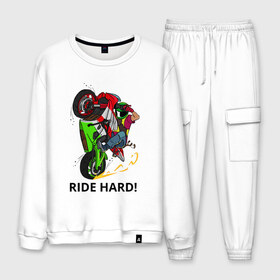 Мужской костюм хлопок с принтом Ride Hard (Moto) в городе Новоалтайск, 100% хлопок | на свитшоте круглая горловина, мягкая резинка по низу. Брюки заужены к низу, на них два вида карманов: два “обычных” по бокам и два объемных, с клапанами, расположенные ниже линии бедра. Брюки с мягкой трикотажной резинкой на поясе и по низу штанин. В поясе для дополнительного комфорта — широкие завязки | moto | motorcycle | ride hard or go home вваливай по настоящемуstunt | yamaha | мото | спортбайк | стант