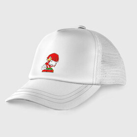 Детская кепка тракер с принтом Knuckles в городе Новоалтайск, Козырек - 100% хлопок. Кепка - 100% полиэстер, Задняя часть - сетка | универсальный размер, пластиковая застёжка | knukles | sonic | ехидна | наклз | соник