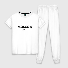 Женская пижама хлопок с принтом Moscow City в городе Новоалтайск, 100% хлопок | брюки и футболка прямого кроя, без карманов, на брюках мягкая резинка на поясе и по низу штанин | будь оригинальнымгорода | красивый город | москва | россия | сити