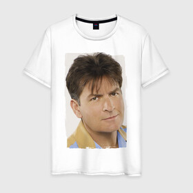 Мужская футболка хлопок с принтом Чарли Шин (Charlie Sheen) в городе Новоалтайск, 100% хлопок | прямой крой, круглый вырез горловины, длина до линии бедер, слегка спущенное плечо. | charlie sheen | кинозвезда | ситком | чарли шин
