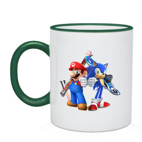 Кружка двухцветная с принтом Sonic & Mario в городе Новоалтайск, керамика | объем — 330 мл, диаметр — 80 мм. Цветная ручка и кайма сверху, в некоторых цветах — вся внутренняя часть | Тематика изображения на принте: nintendo | марио | нинтендо