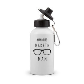Бутылка спортивная с принтом Kingsman Manners maketh man. в городе Новоалтайск, металл | емкость — 500 мл, в комплекте две пластиковые крышки и карабин для крепления | Тематика изображения на принте: kingsman manners maketh man. кингсмен