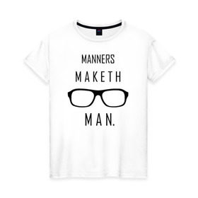Женская футболка хлопок с принтом Kingsman Manners maketh man. в городе Новоалтайск, 100% хлопок | прямой крой, круглый вырез горловины, длина до линии бедер, слегка спущенное плечо | kingsman manners maketh man. кингсмен