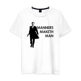 Мужская футболка хлопок с принтом Manners Maketh Man в городе Новоалтайск, 100% хлопок | прямой крой, круглый вырез горловины, длина до линии бедер, слегка спущенное плечо. | Тематика изображения на принте: manners maketh man kingsman кингсман