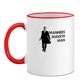 Кружка двухцветная с принтом Manners Maketh Man в городе Новоалтайск, керамика | объем — 330 мл, диаметр — 80 мм. Цветная ручка и кайма сверху, в некоторых цветах — вся внутренняя часть | Тематика изображения на принте: manners maketh man kingsman кингсман