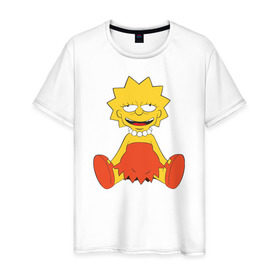 Мужская футболка хлопок с принтом Lisa Simpson happy в городе Новоалтайск, 100% хлопок | прямой крой, круглый вырез горловины, длина до линии бедер, слегка спущенное плечо. | 