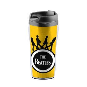 Термокружка-непроливайка с принтом The Beatles в городе Новоалтайск, внутренняя часть — пищевой пластик, наружная часть — прозрачный пластик, между ними — полиграфическая вставка с рисунком | объем — 350 мл, герметичная крышка | beatles | rock | the beatles | битлз | битлс | битлы | рок