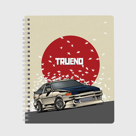 Тетрадь с принтом Toyota Trueno ae86 в городе Новоалтайск, 100% бумага | 48 листов, плотность листов — 60 г/м2, плотность картонной обложки — 250 г/м2. Листы скреплены сбоку удобной пружинной спиралью. Уголки страниц и обложки скругленные. Цвет линий — светло-серый
 | Тематика изображения на принте: 86 | corolla | crane | hachiroku | jdm | toyota | trueno | ае86 | журавлики | тоёта | тойота | труено | хачироку | япония