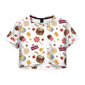 Женская футболка 3D укороченная с принтом Sweet time в городе Новоалтайск, 100% полиэстер | круглая горловина, длина футболки до линии талии, рукава с отворотами | candy | капкейп | милый | мороженое | пирожное | торт