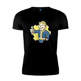 Мужская футболка премиум с принтом Vault Boy в городе Новоалтайск, 92% хлопок, 8% лайкра | приталенный силуэт, круглый вырез ворота, длина до линии бедра, короткий рукав | boy | fallout | pip | vault | vault boyубежище | фаллаут
