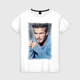 Женская футболка хлопок с принтом David Beckham (retro style) в городе Новоалтайск, 100% хлопок | прямой крой, круглый вырез горловины, длина до линии бедер, слегка спущенное плечо | Тематика изображения на принте: david beckham | retro style | англия | дэвид бекхэм | лига чемпионов | мадрид | мю | реал | футбол