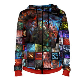 Женская толстовка 3D на молнии с принтом Dota 2 коллаж в городе Новоалтайск, 100% полиэстер | длина до линии бедра, манжеты и пояс оформлены мягкой тканевой резинкой, двухслойный капюшон со шнурком для регулировки, спереди молния, по бокам два кармана | dota 2 коллаж | девушки | игра | монстры | оружие