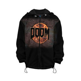 Детская куртка 3D с принтом Doom в городе Новоалтайск, 100% полиэстер | застежка — молния, подол и капюшон оформлены резинкой с фиксаторами, по бокам — два кармана без застежек, один потайной карман на груди, плотность верхнего слоя — 90 г/м2; плотность флисового подклада — 260 г/м2 | doom | game | гибель | дум | игра | игры | обреченность | шутер