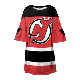 Детское платье 3D с принтом New Jersey Devils в городе Новоалтайск, 100% полиэстер | прямой силуэт, чуть расширенный к низу. Круглая горловина, на рукавах — воланы | Тематика изображения на принте: hockey | new jersey devils | nhl | нхл | спорт | хоккей