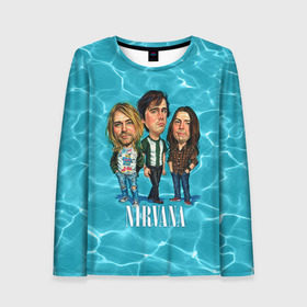 Женский лонгслив 3D с принтом Шаржи группа Nirvana в городе Новоалтайск, 100% полиэстер | длинные рукава, круглый вырез горловины, полуприлегающий силуэт | cobain | curt | nirvana | rock | группа | кобейн | курт | нирвана | рок