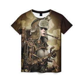 Женская футболка 3D с принтом Девушка steampunk в городе Новоалтайск, 100% полиэфир ( синтетическое хлопкоподобное полотно) | прямой крой, круглый вырез горловины, длина до линии бедер | девушка steampunk | киберпанк | очки | шапка